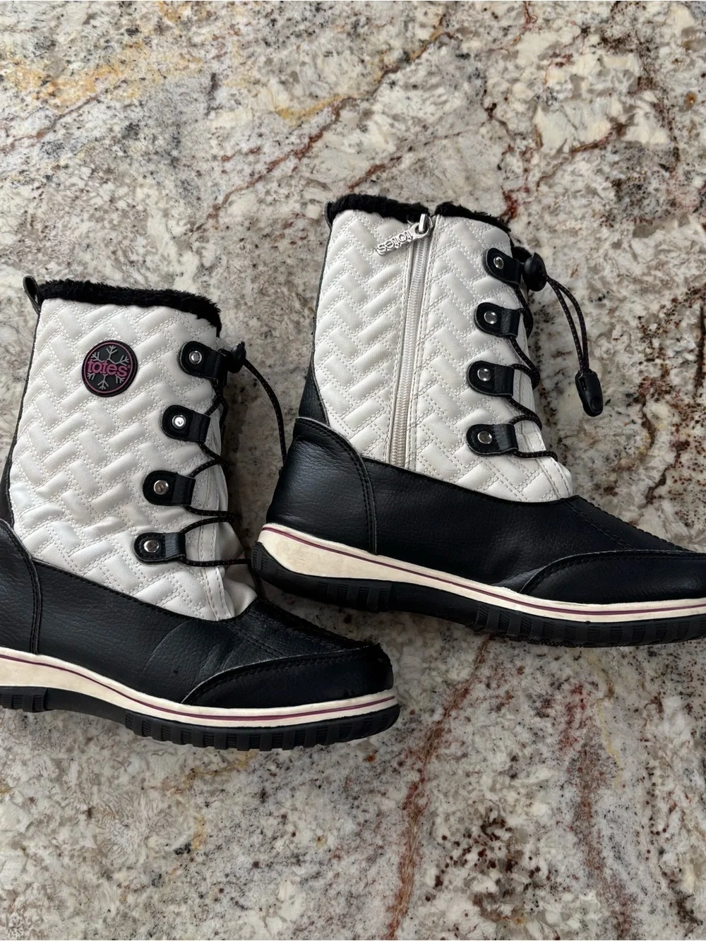 Totes (Makenzie) Black and White Kids Snow Boots with Faux Fur Cuff